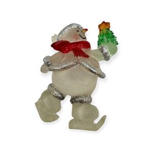 Festive Snowman skating holding a Christmas tree Vintage brooch costume